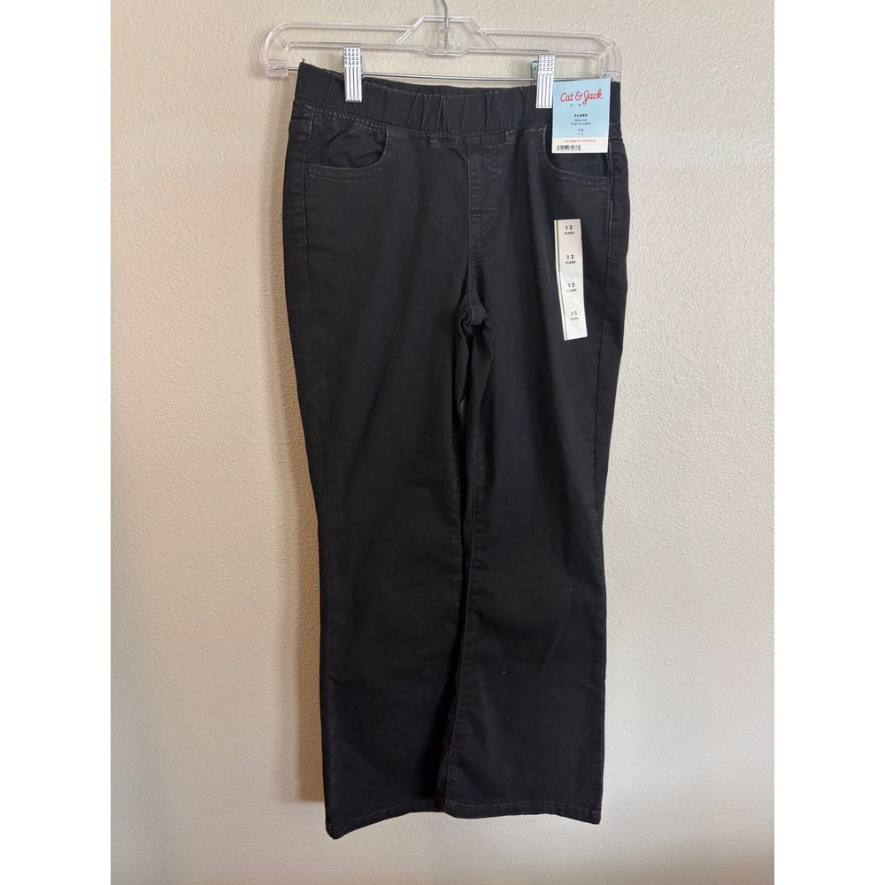 Cat & Jack Girls Black Flare Jeans Ultimate Stretch Pull On Mid Rise Size 12 NWT